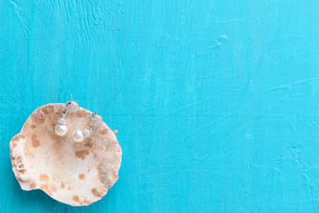 Corals and  pearls  on wooden blue backgroundの写真素材