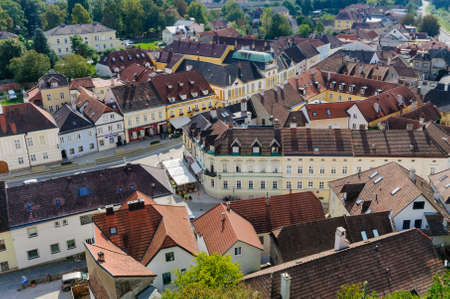 Aerial view of Melk City and Danube river, Austriaの写真素材