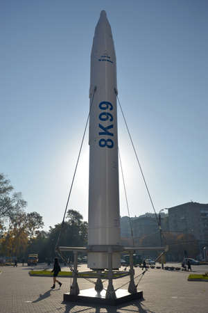 Dnipro City, Ukraine - October 15, 2014: Spacecraft and space transport stands in rocket garden.のeditorial素材