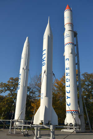 Dnipro City, Ukraine - October 15, 2014: Spacecraft and space transport stands in rocket garden.のeditorial素材