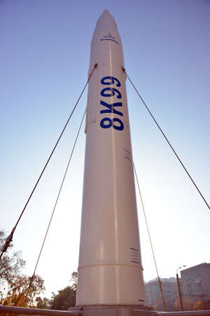 Dnipro City, Ukraine - October 15, 2014: Spacecraft and space transport stands in rocket garden.のeditorial素材