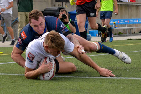 September 02, 2017. Toronto, Canada - Players on the field during Super 8s Round 4 game between Toronto Wolfpack (Canada) vs Whitehaven RLFC (United Kingdom) at Allan A. Lamport Stadium in Toronto, Canadaのeditorial素材
