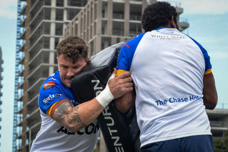 September 02, 2017. Toronto, Canada - Players of Whitehaven warms-up before Super 8s Round 4 game between Toronto Wolfpack (Canada) vs Whitehaven RLFC (United Kingdom) at Allan A. Lamport Stadium in Toronto, Canadaのeditorial素材