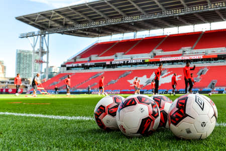 September 1, 2017. Toronto, Canada - Football balls during open training session conference in Toronto before the Canada-Jamaica Menâs International Friendly match at BMO Field in Toronto Canada September 2, 2017のeditorial素材