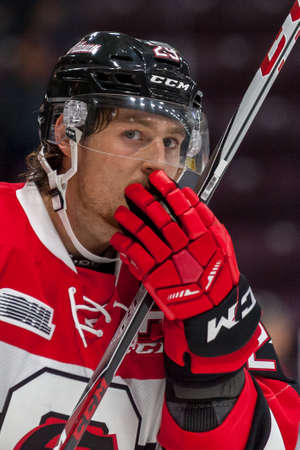 September 22, 2017. Mississauga, ON, Canada - Felhaber Tye on the ice during the OHL 2017-18 Regular...