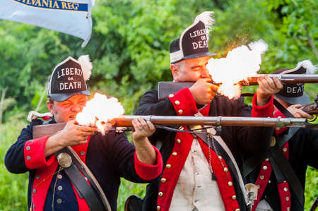 TORONTO â JUNE 17, 2017: Soldiers at the battle of Black Creek revolutionary war re-enactment in Black Creek Pioneer village in June 17, 2017 in Toronto, Canadaのeditorial素材