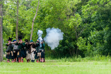 TORONTO â JUNE 17, 2017: Soldiers at the battle of Black Creek revolutionary war re-enactment in Black Creek Pioneer village in June 17, 2017 in Toronto, Canadaのeditorial素材