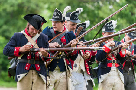 TORONTO â JUNE 17, 2017: Soldiers at the battle of Black Creek revolutionary war re-enactment in Black Creek Pioneer village in June 17, 2017 in Toronto, Canadaのeditorial素材