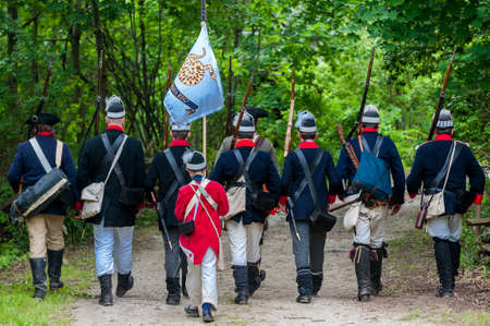 TORONTO â JUNE 17, 2017: Soldiers at the battle of Black Creek revolutionary war re-enactment in Black Creek Pioneer village in June 17, 2017 in Toronto, Canadaのeditorial素材