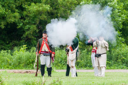 TORONTO â JUNE 17, 2017: Soldiers at the battle of Black Creek revolutionary war re-enactment in Black Creek Pioneer village in June 17, 2017 in Toronto, Canadaのeditorial素材