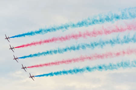 Hawk T1 jet operated by the British Royal Air Force's (RAF) Red Arrows aerobatic demonstration team,...