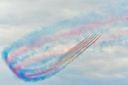 Hawk T1 jet operated by the British Royal Air Force's (RAF) Red Arrows aerobatic demonstration team,...