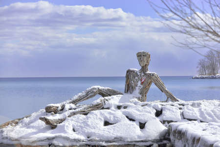 A snow-covered the 25-foot, driftwood installation is seen in Humber Park near the Ontario lake in Toronto, Ontario Province, Canada, on Dec. 25, 2017. Wooded statue was created by artists Julie Ryan and Thelia Sanders-Shelton.のeditorial素材