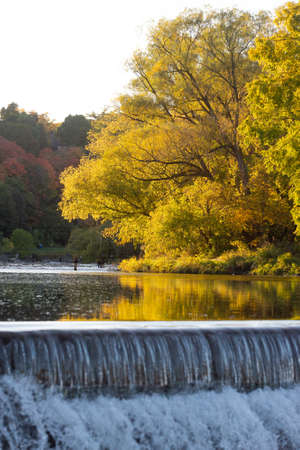 Old Mill dam at Humber River in Autumn, Toronto, Ontario, Canada