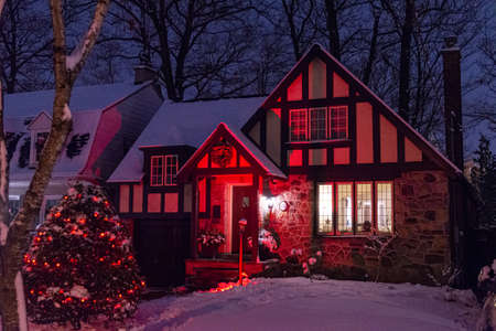 Toronto, ON, Canada â December 25, 2020: House decorated with lights for Christmas in Torontoのeditorial素材