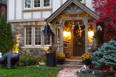 Toronto, ON, Canada - October 25, 2020: Evening view of a beautiful Halloween-decorated house in Toronto, Canada.のeditorial素材
