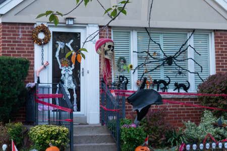 Toronto, ON, Canada - October 25, 2020: Evening view of a beautiful Halloween-decorated house in Toronto, Canada.のeditorial素材