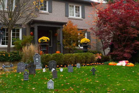 Toronto, ON, Canada - October 25, 2020: Evening view of a beautiful Halloween-decorated house in Toronto, Canada.のeditorial素材