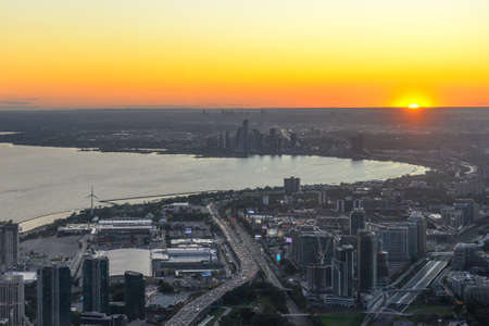 Toronto, On, Canada - October 7, 2019: View at the center of Toronto during sunset time. Photo taken from the top of CN Tower.のeditorial素材