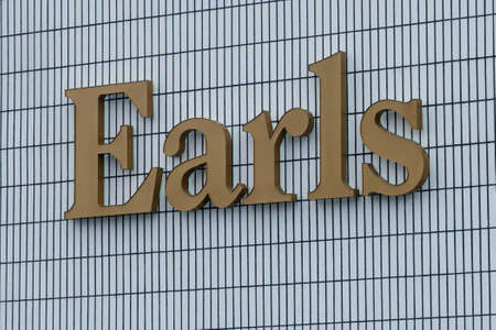 Toronto, ON, Canada â December 13, 2021: View at Earls sign in downtown Toronto. Earls is an upscale casual dining restaurant and bar.のeditorial素材