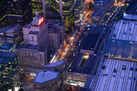 Toronto, On, Canada - October 7, 2019: View at the center of Toronto during sunset time. Photo taken from the top of CN Tower.のeditorial素材