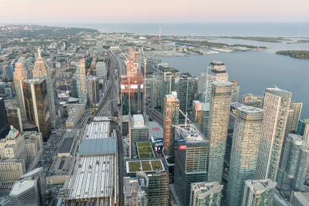 Toronto, On, Canada - October 7, 2019: View at the center of Toronto during sunset time. Photo taken from the top of CN Tower.のeditorial素材