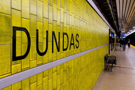 Toronto, ON, Canada â December 17, 2022:  View at Toronto subway station name. The Toronto subway is a rapid transit system serving Toronto and the neighbouring city of Vaughan in Ontario, Canadaのeditorial素材