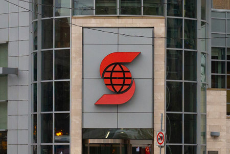 Toronto, ON, Canada â December 17, 2022: The logo and brand sign of Scotiabank in downtown Toronto.  The Bank of Nova Scotia (Scotiabank) is a Canadian multinational banking and financial services companyのeditorial素材