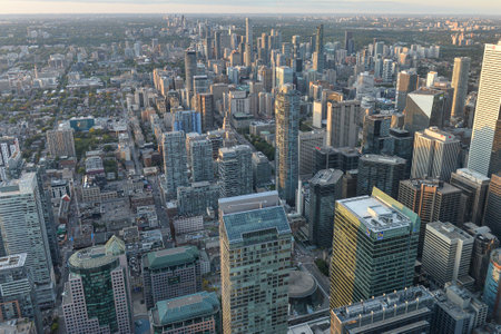 Toronto, On, Canada - October 7, 2019: View at the center of Toronto during sunset time. Photo taken from the top of CN Tower.のeditorial素材