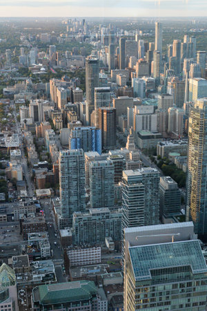 Toronto, On, Canada - October 7, 2019: View at the center of Toronto during sunset time. Photo taken from the top of CN Tower.のeditorial素材
