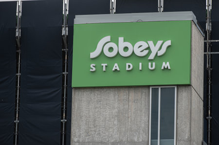 Toronto, ON, Canada â August 10, 2023: The logo and brand sign on Sobeys Stadium sports arena in Torontoのeditorial素材