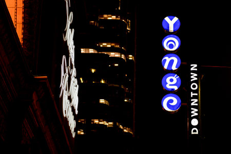 Toronto, ON, Canada - August 30, 2023: View at Yonge Street sign in Toronto. Yonge Street is a major...