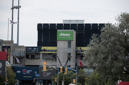 Toronto, ON, Canada â€“ August 10, 2023: The logo and brand sign on Sobeys Stadium sports arena...