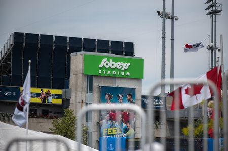 Toronto, ON, Canada â August 10, 2023: The logo and brand sign on Sobeys Stadium sports arena in Torontoのeditorial素材