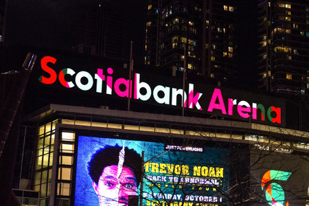 Toronto, ON, Canada â August 10, 2023: The logo and brand sign of Scotiabank Arena stadium in downtown Torontoのeditorial素材