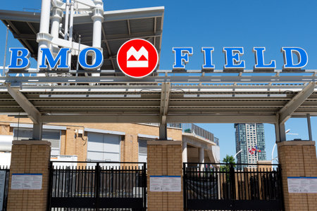 Toronto, ON, Canada â August 17, 2023: The logo and brand sign of BMO Field Sport Arenaのeditorial素材