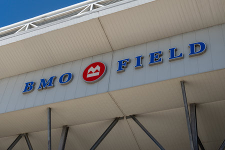 Toronto, ON, Canada â August 17, 2023: The logo and brand sign of BMO Field Sport Arenaのeditorial素材
