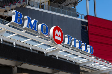 Toronto, ON, Canada â August 17, 2023: The logo and brand sign of BMO Field Sport Arenaのeditorial素材