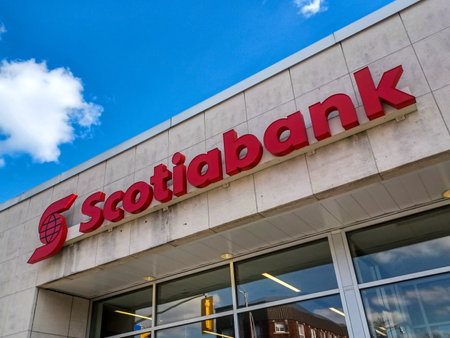 Toronto, ON, Canada â November 3, 2023: The logo and brand sign of Scotiabank in downtown Torontoのeditorial素材