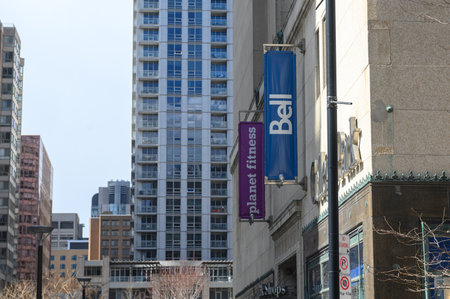 Toronto, ON, Canada â April 30, 2024:  Bell Media studio sign on the building in Downtown Toronto, a television/radio broadcast hubのeditorial素材