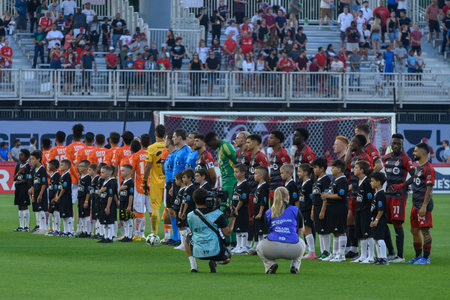 Toronto, ON, Canada - August 4, 2024: Players stand for the national anthem before Leagues Cup match...