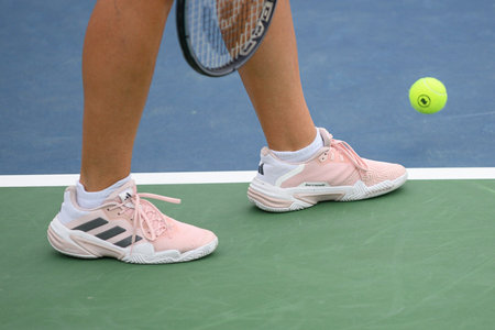 Toronto, ON, Canada - August 4, 2024: View of sneakers of Jule Niemeier (GER) during the National Bank Open qualifying match at Sobeys Stadium.のeditorial素材