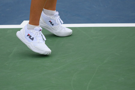 Toronto, ON, Canada - August 4, 2024: View of sneakers of Stacey Fung (CAN) during the National Bank Open qualifying match at Sobeys Stadium.のeditorial素材