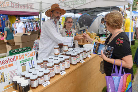 Toronto, Ontario, Canada â August 24, 2024: Vendors present Ukrainian products during the Ukrainian Independence Day Celebration at Centennial Park.のeditorial素材