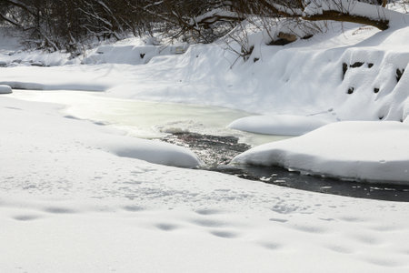 A small creek flows through a snowy forest, with snow-covered rocks and banks creating a peaceful...