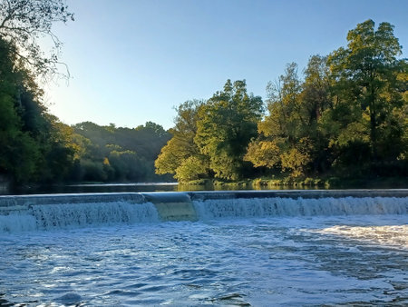 Evening sun lights up the Humber River as people gather along the banks to watch the flowing water.の写真素材