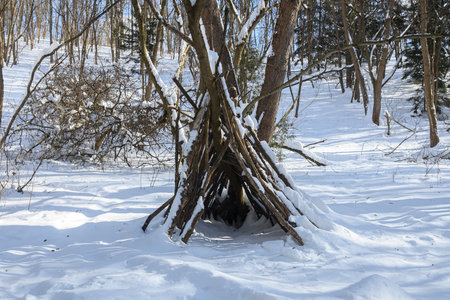 A wooden shelter made of branches stands in a snowy forest with bare trees and bright sunlight.