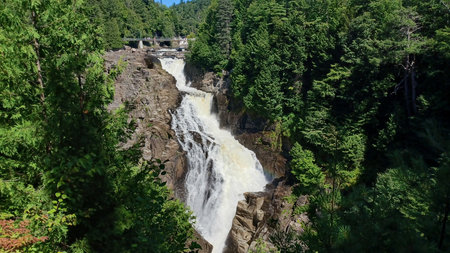 Beautiful waterfall powerfully cascades down a rocky gorge surrounded by lush green forest under a clear blue sky.の写真素材