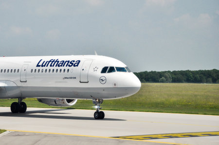 Istanbul, Turkey - August 9, 2008: Lufthansa Airbus A321-200 taxiing on airport apron, commercial jet preparing for departure representing modern air travel and international connectionsのeditorial素材