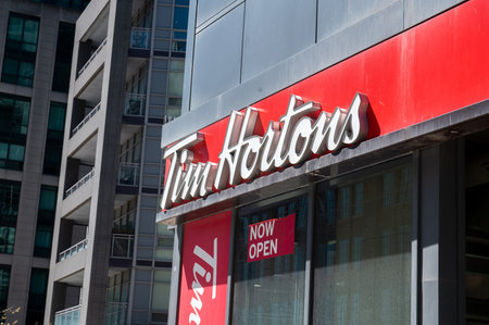 Toronto, ON, Canada - March 2, 2025: Tim Hortons Inc., commonly nicknamed Tim's, or Timmie's is a Canadian coffeehouse and restaurant chainのeditorial素材